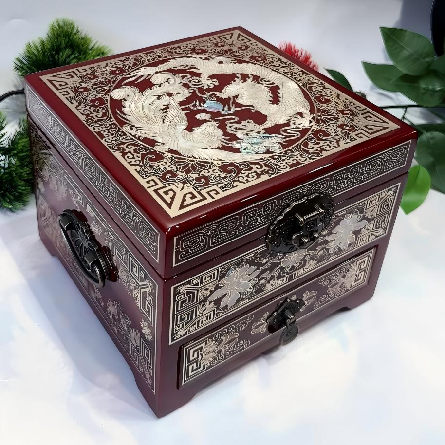 50% off Handmade Pingyao Lacquer Jewelry Box, 19-Size, Wine Red Piano Finish, Inlaid with Brass Wire & Shell