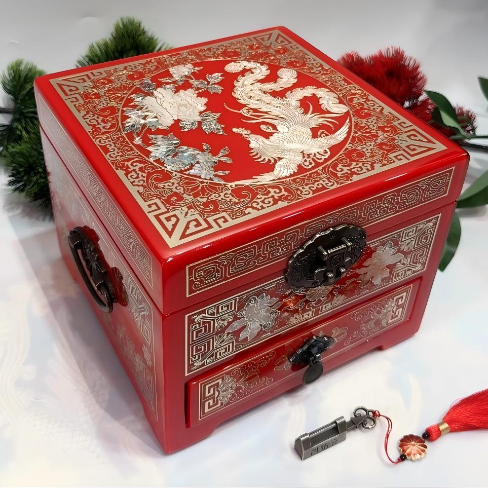 19-Drawer Piano Lacquer Jewelry Chest | Hand-Inlaid Brass Wire & Mother-of-Pearl | An inseparable couple | Pingyao Traditional Craft