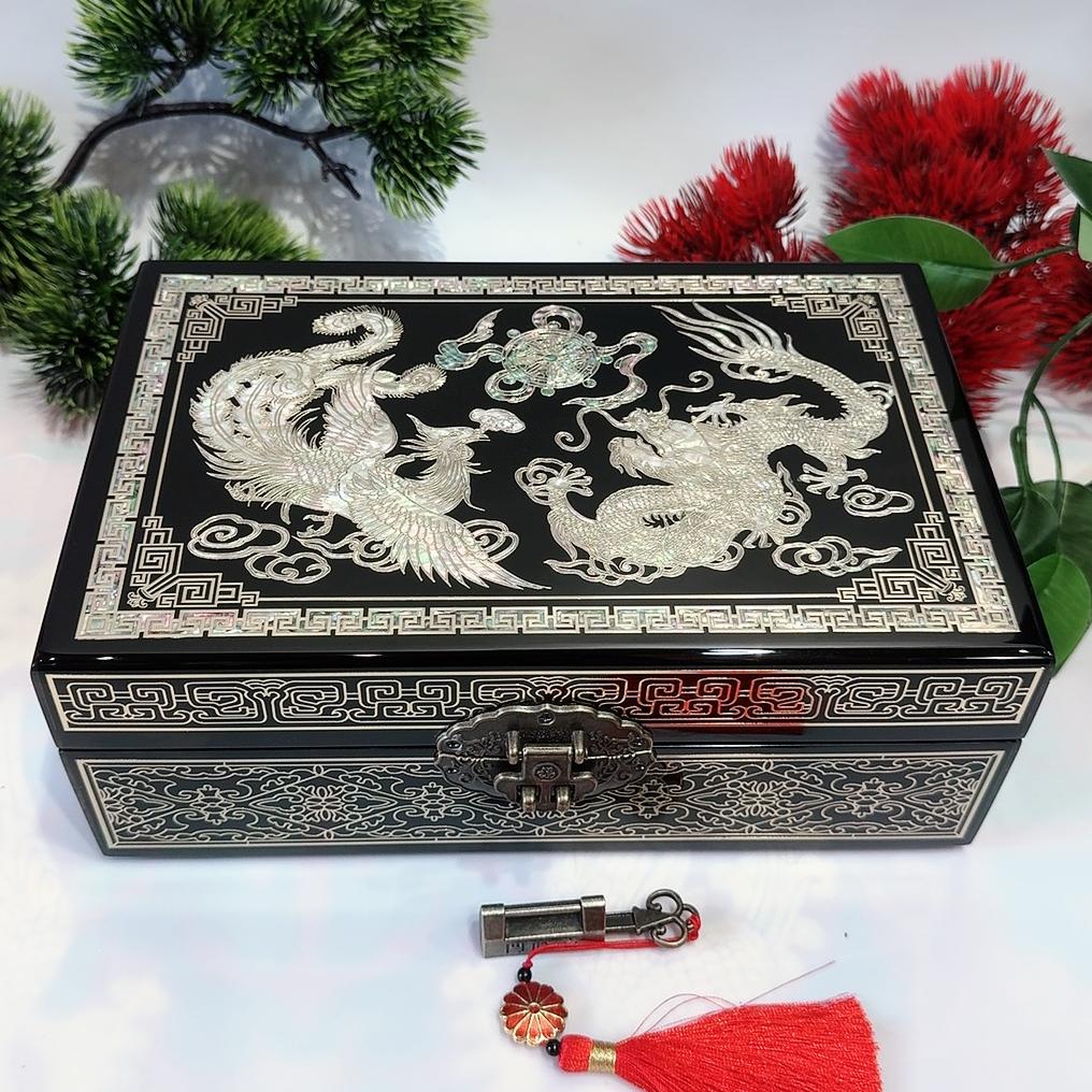 50% off 23-Size Single-Layer Jewelry Box, Pingyao Lacquer with Brass Wire & Mother-of-Pearl Inlay, High-Gloss Piano Finish.