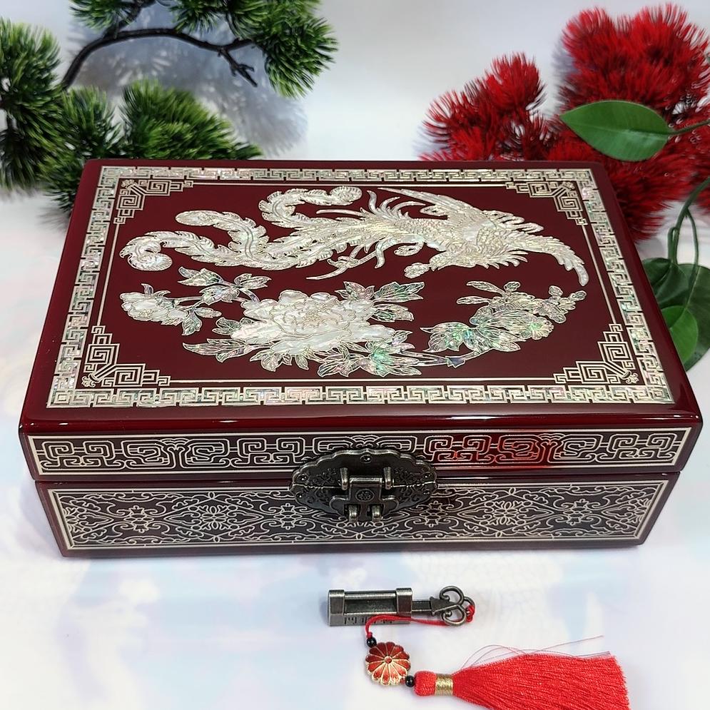50% off 23-Size Single-Layer Jewelry Box, Pingyao Lacquer with Brass Wire & Mother-of-Pearl Inlay, High-Gloss Piano Finish.
