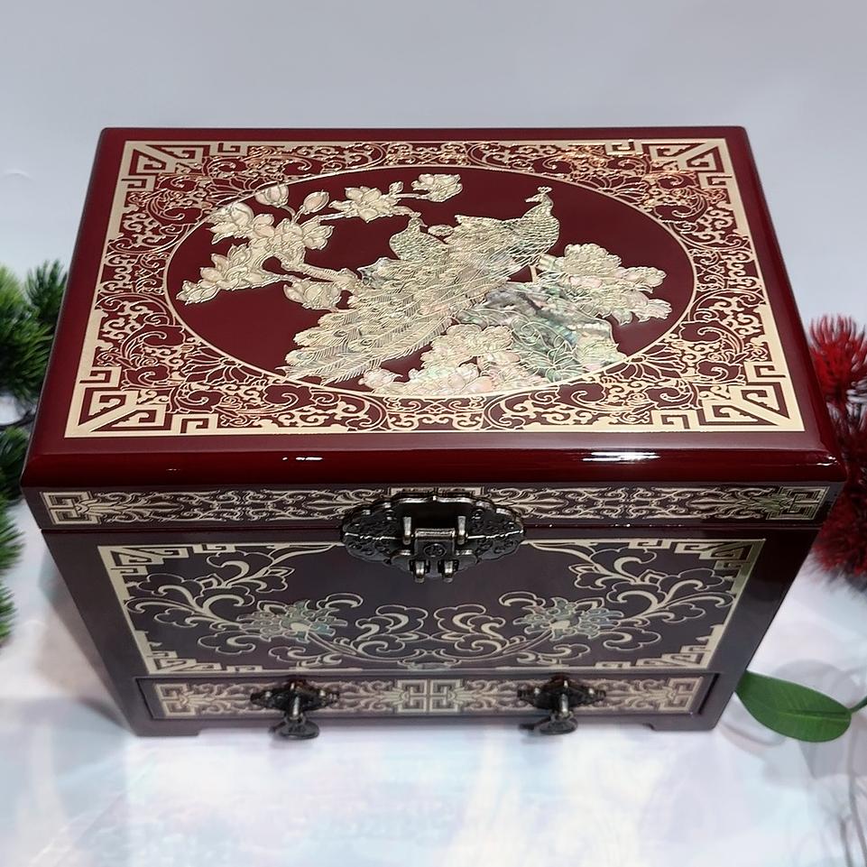 50% off 23-Size Antique Style Lacquer Storage Box, Handcrafted Pingyao Lacquer with Plain Body & Brass-Seashell Inlay, Side-Opening Design.