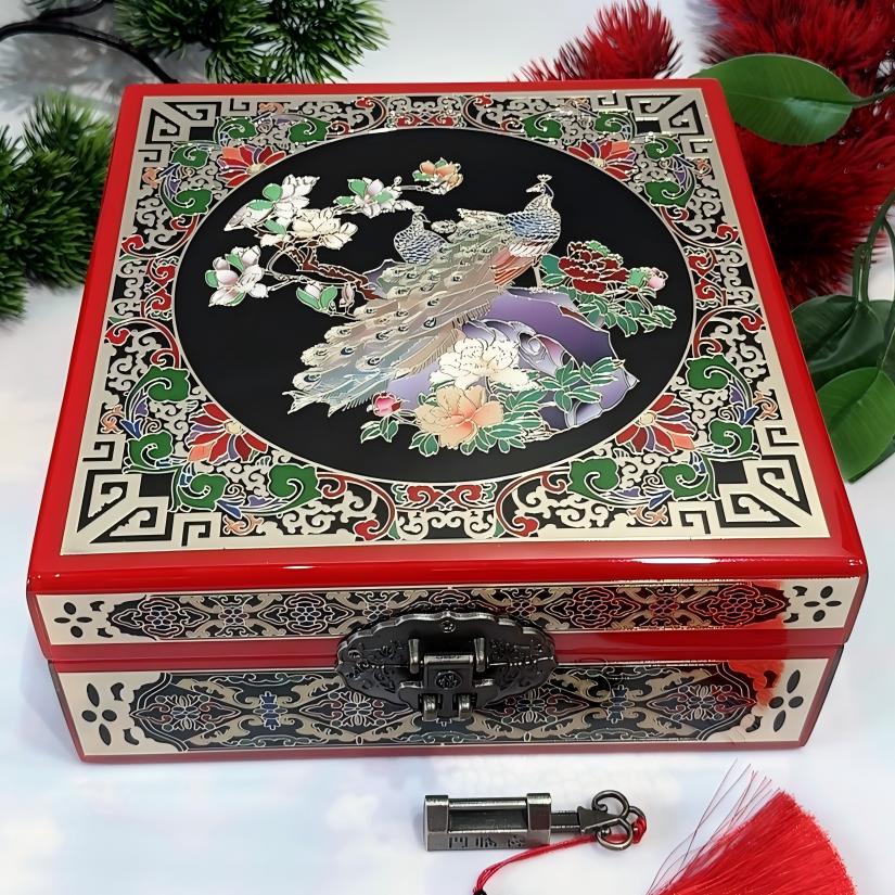 50% off Handmade Pingyao Lacquer Jewelry Box, 19-Size, Colorful Painting on Piano Finish, Square Shape with Brass Wire & Shell Inlay