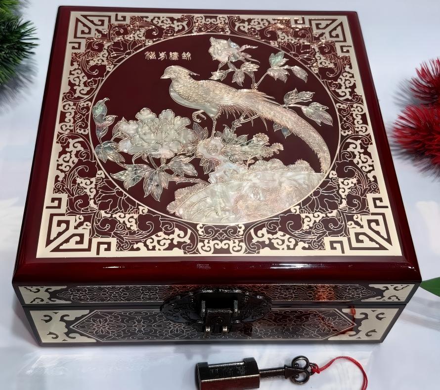 50% off Handmade Pingyao Lacquer Jewelry Box, 19 -Size, Wine Red Finish, Square Shape with Brass Wire & Shell Inlay.