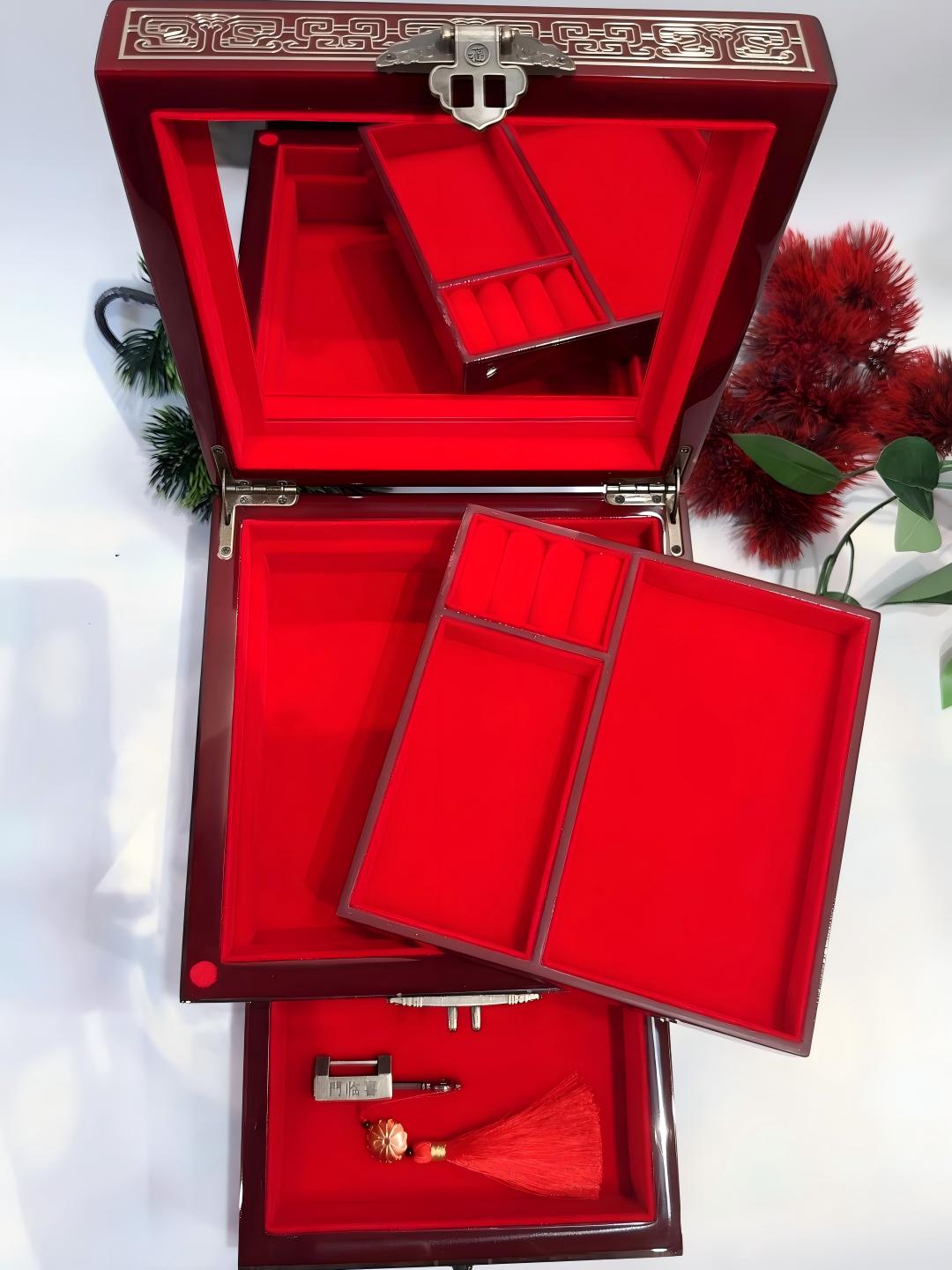 50% off Handmade Pingyao Lacquer Jewelry Box, 19-Size, Wine Red Piano Finish, Inlaid with Brass Wire & Shell