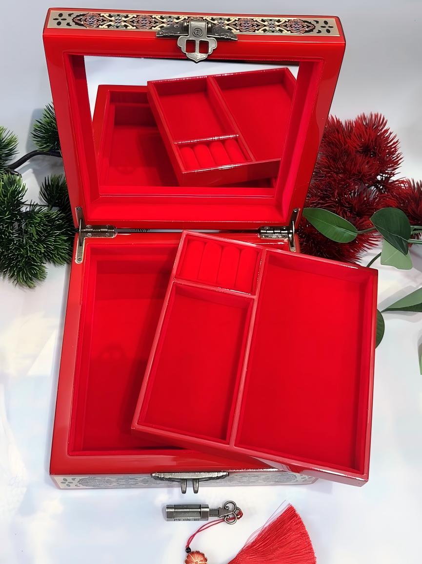 50% off Handmade Pingyao Lacquer Jewelry Box, 19-Size, Colorful Painting on Piano Finish, Square Shape with Brass Wire & Shell Inlay