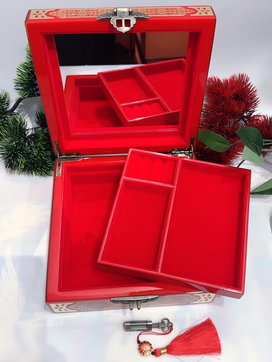 50% off Handmade Chinese Lacquer Jewelry Box, 19-Size, Brilliant Red Piano Finish, Square Shape with Brass Wire & Shell Inlay