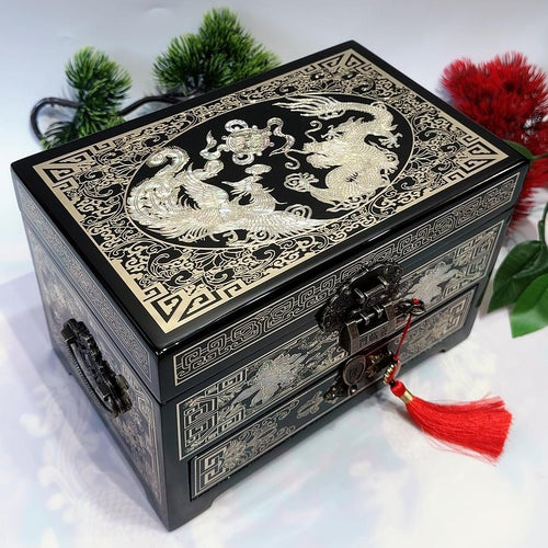 50% off 23-Size Exquisite Pingyao Lacquer Jewelry Box | Inlaid with Mother-of-Pearl & Brass Wire, High-Gloss Piano Finish, Single Drawer.