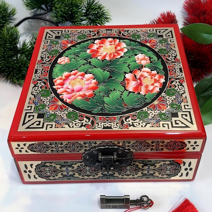 50% off Handmade Pingyao Lacquer Jewelry Box, 19-Size, Colorful Painting on Piano Finish, Square Shape with Brass Wire & Shell Inlay