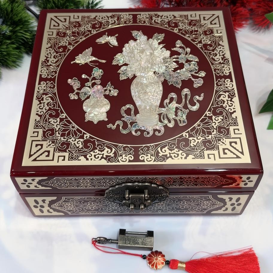 50% off Handmade Chinese Lacquer Jewelry Box, 19 Size, Wine Red Piano Finish, Square Shape with Brass Wire & Shell Inlay