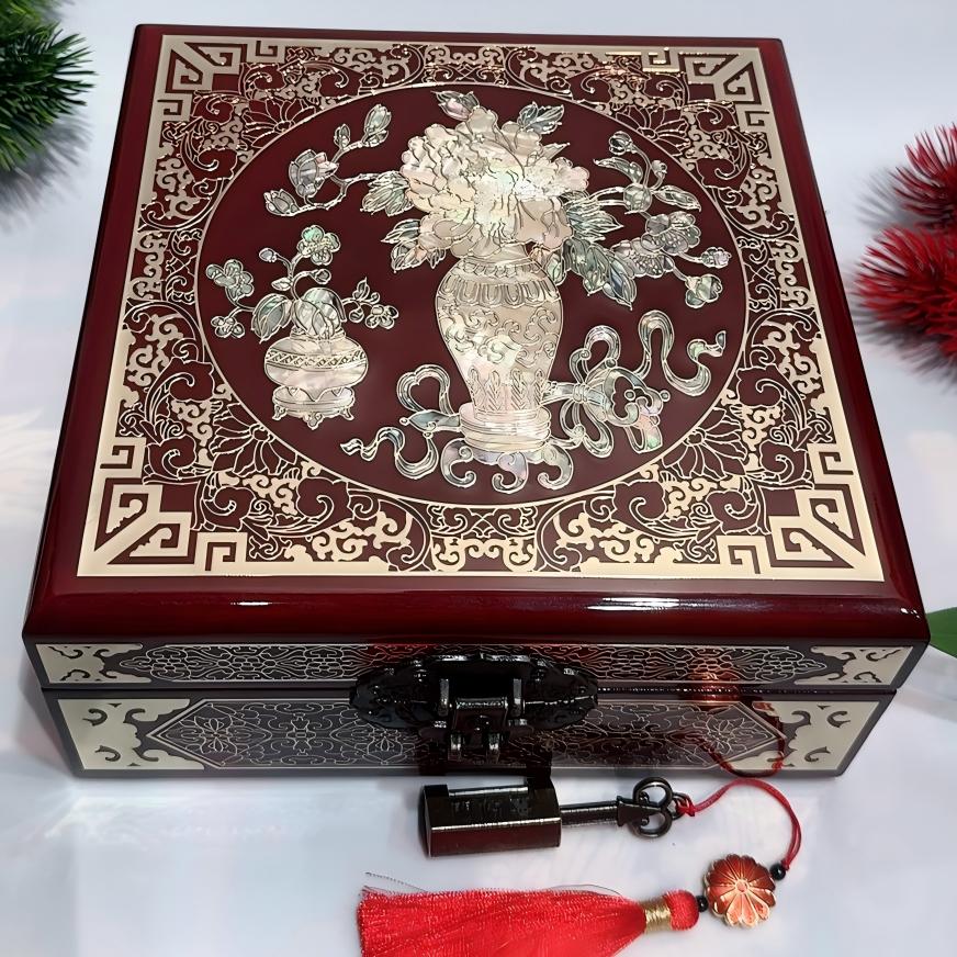 50% off Handmade Pingyao Lacquer Jewelry Box, 19 -Size, Wine Red Finish, Square Shape with Brass Wire & Shell Inlay.