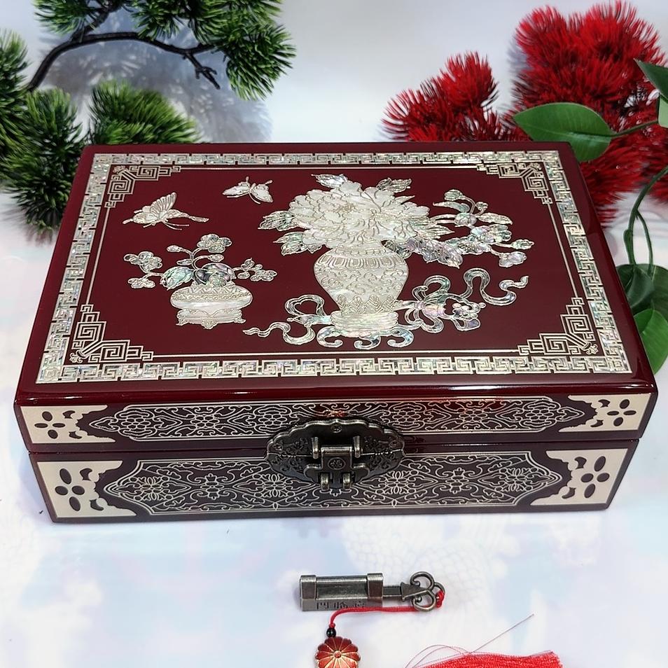 50% off 23-Size Single-Layer Jewelry Box, Pingyao Lacquer with Brass Wire & Mother-of-Pearl Inlay, High-Gloss Piano Finish.