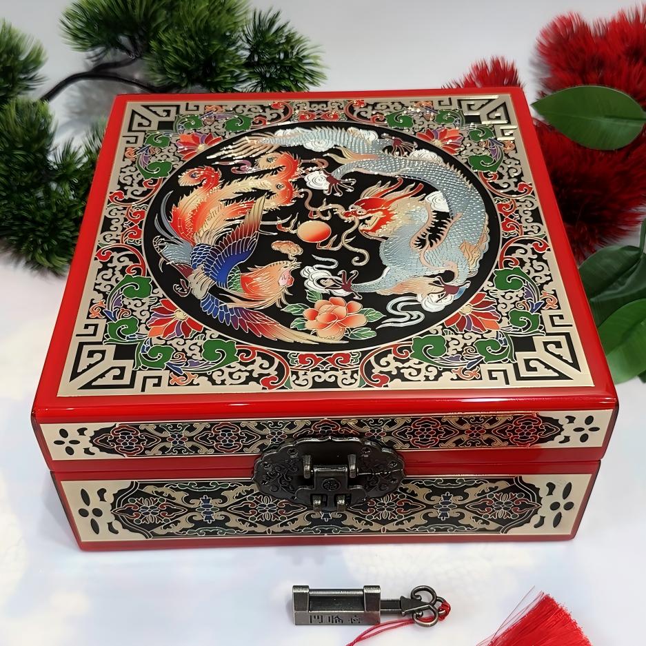 50% off Handmade Pingyao Lacquer Jewelry Box, 19-Size, Colorful Painting on Piano Finish, Square Shape with Brass Wire & Shell Inlay
