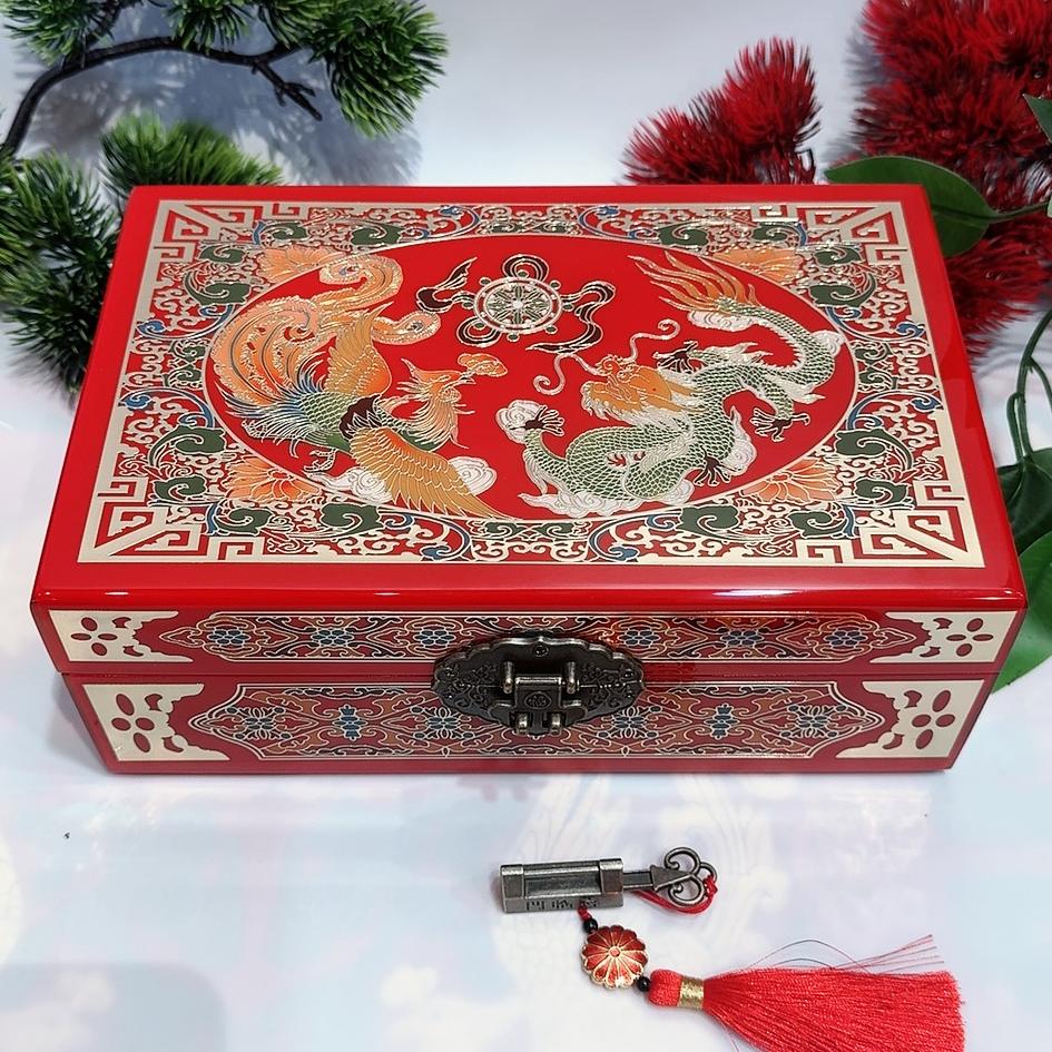 50% off 23-Size Single-Layer Jewelry Box, Pingyao Lacquer with Brass Wire & Mother-of-Pearl Inlay, High-Gloss Piano Finish.