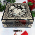 50% off Handmade Chinese lacquer jewelry box, 19-size, black piano lacquer finish, square, inlaid with brass wire and mother-of-pearl.