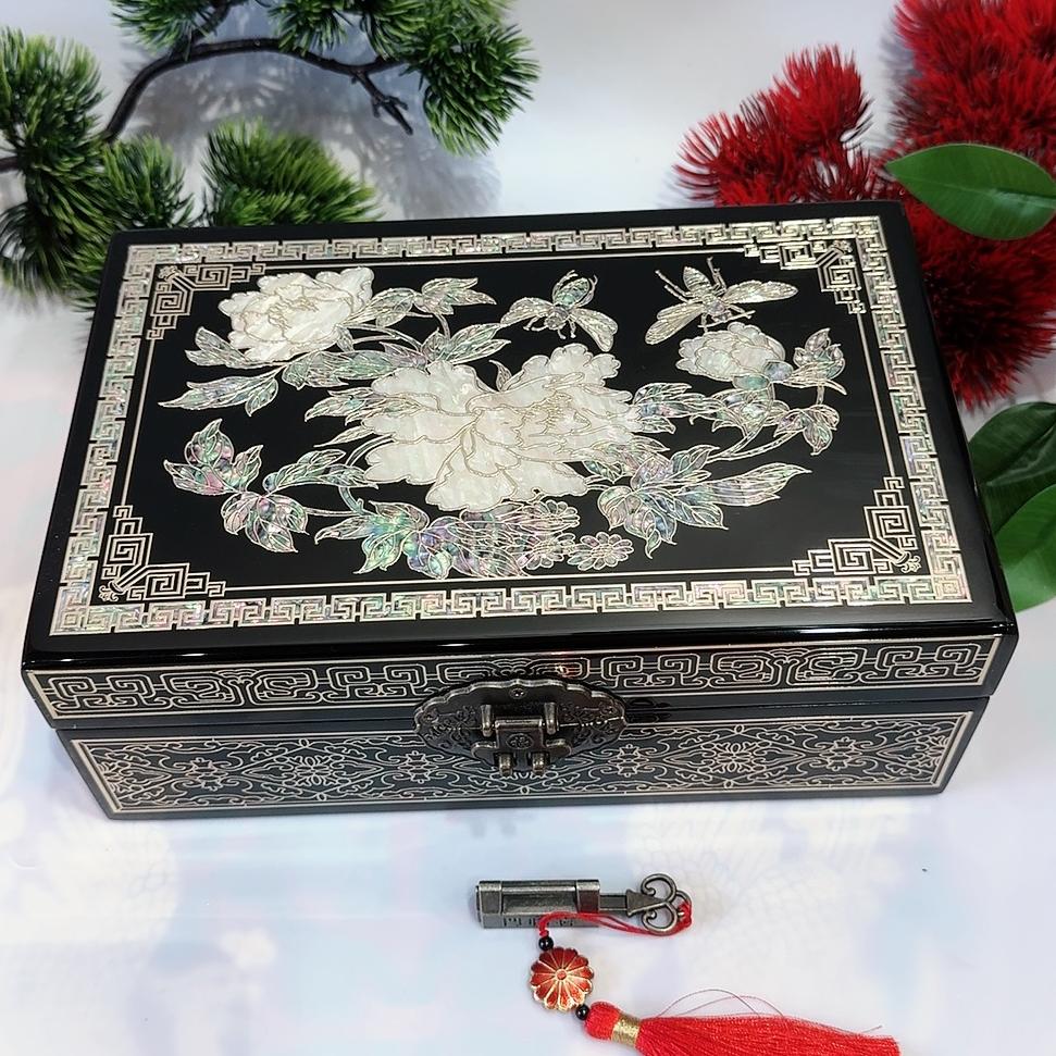 50% off 23-Size Single-Layer Jewelry Box, Pingyao Lacquer with Brass Wire & Mother-of-Pearl Inlay, High-Gloss Piano Finish.