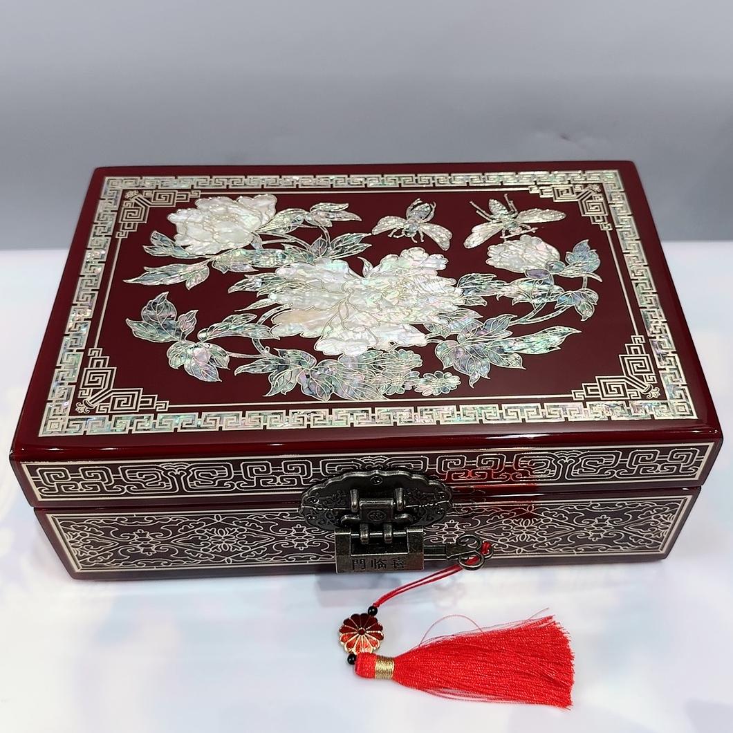50% off 23-Size Single-Layer Jewelry Box, Pingyao Lacquer with Brass Wire & Mother-of-Pearl Inlay, High-Gloss Piano Finish.