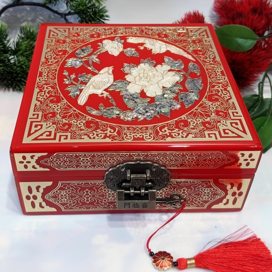 50% off Handmade Chinese Lacquer Jewelry Box, 19-Size, Brilliant Red Piano Finish, Square Shape with Brass Wire & Shell Inlay