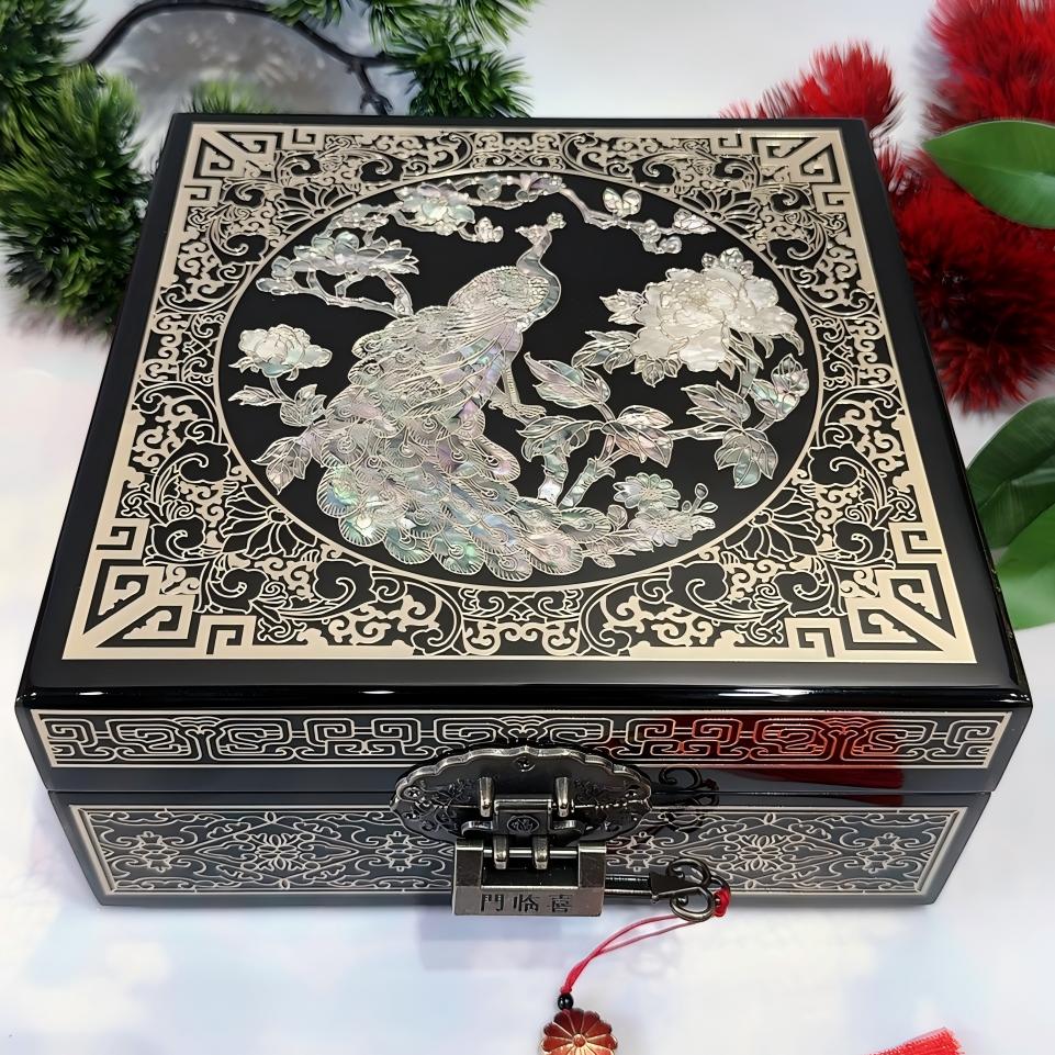 50% off Handmade Chinese lacquer jewelry box, 19-size, black piano lacquer finish, square, inlaid with brass wire and mother-of-pearl.
