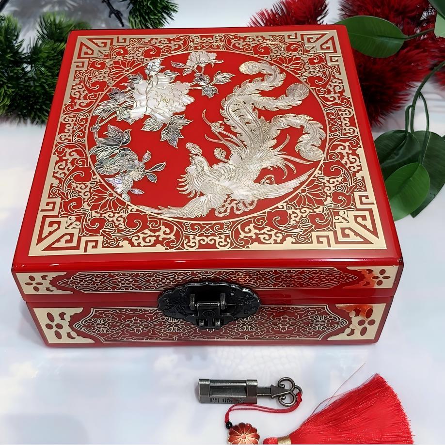 50% off Handmade Chinese Lacquer Jewelry Box, 19-Size, Brilliant Red Piano Finish, Square Shape with Brass Wire & Shell Inlay