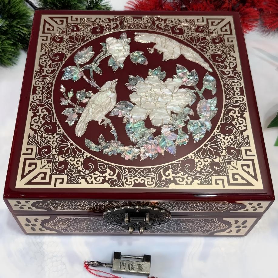 50% off Handmade Chinese Lacquer Jewelry Box, 19 Size, Wine Red Piano Finish, Square Shape with Brass Wire & Shell Inlay