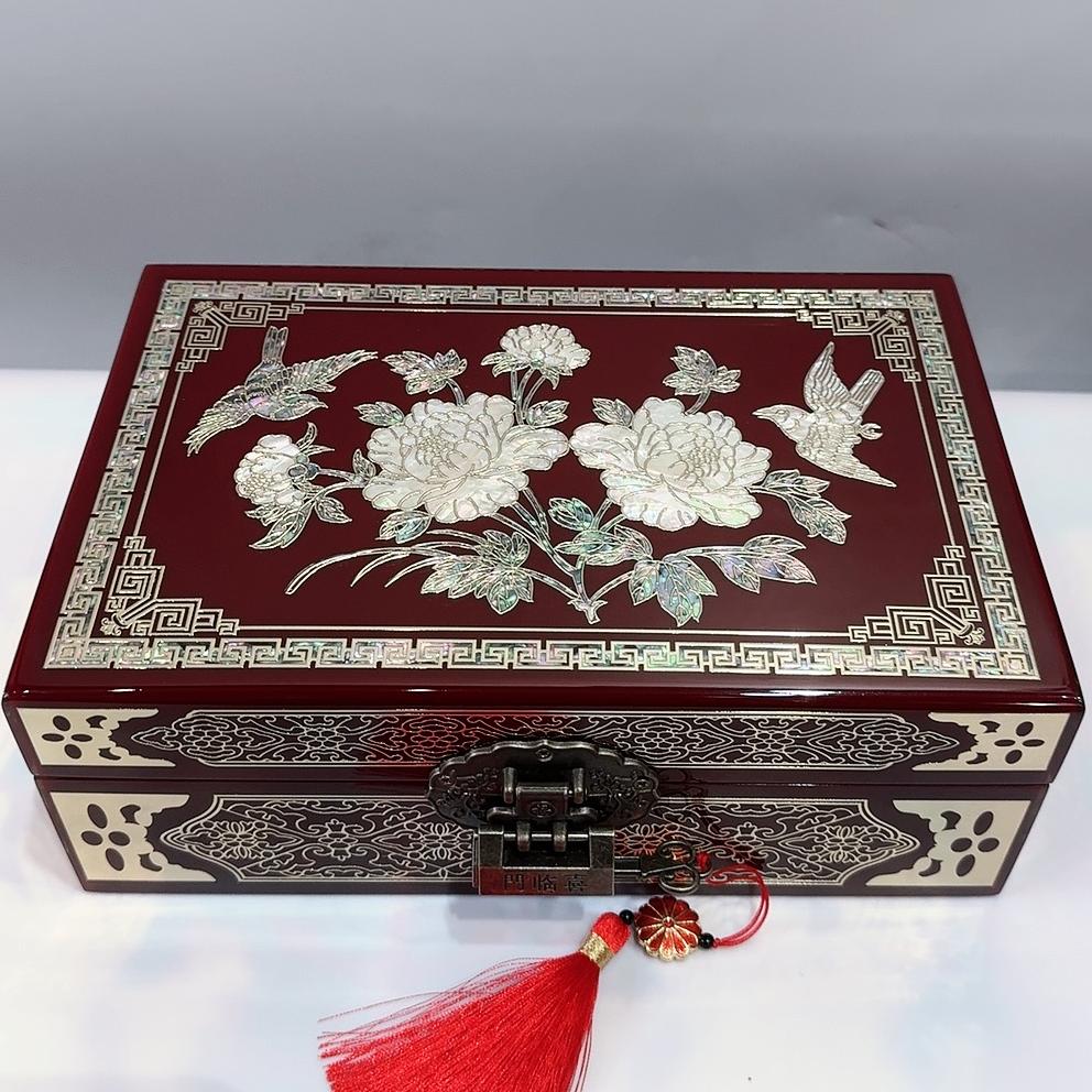 50% off 23-Size Single-Layer Jewelry Box, Pingyao Lacquer with Brass Wire & Mother-of-Pearl Inlay, High-Gloss Piano Finish.