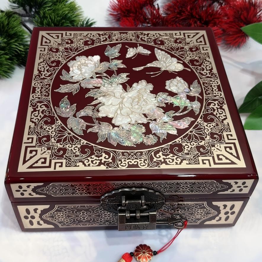 50% off Handmade Chinese Lacquer Jewelry Box, 19 Size, Wine Red Piano Finish, Square Shape with Brass Wire & Shell Inlay
