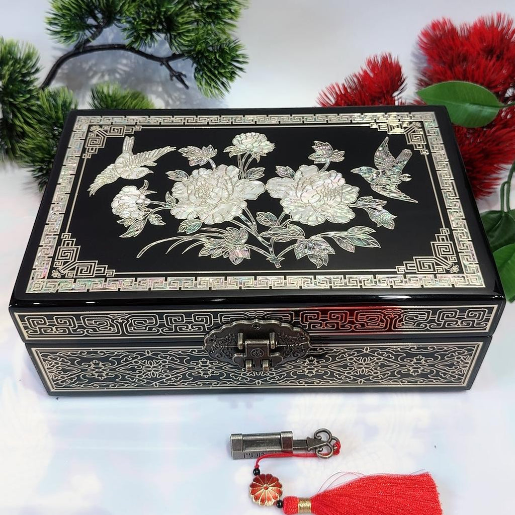 50% off 23-Size Single-Layer Jewelry Box, Pingyao Lacquer with Brass Wire & Mother-of-Pearl Inlay, High-Gloss Piano Finish.