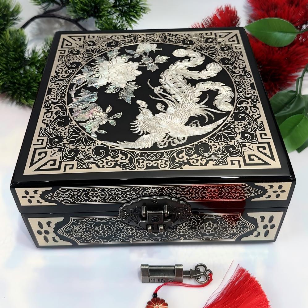 50% off Handmade Chinese lacquer jewelry box, 19-size, black piano lacquer finish, square, inlaid with brass wire and mother-of-pearl.