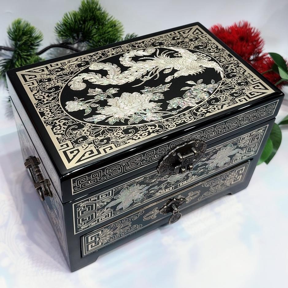 50% off 23-Size Exquisite Pingyao Lacquer Jewelry Box | Inlaid with Mother-of-Pearl & Brass Wire, High-Gloss Piano Finish, Single Drawer.