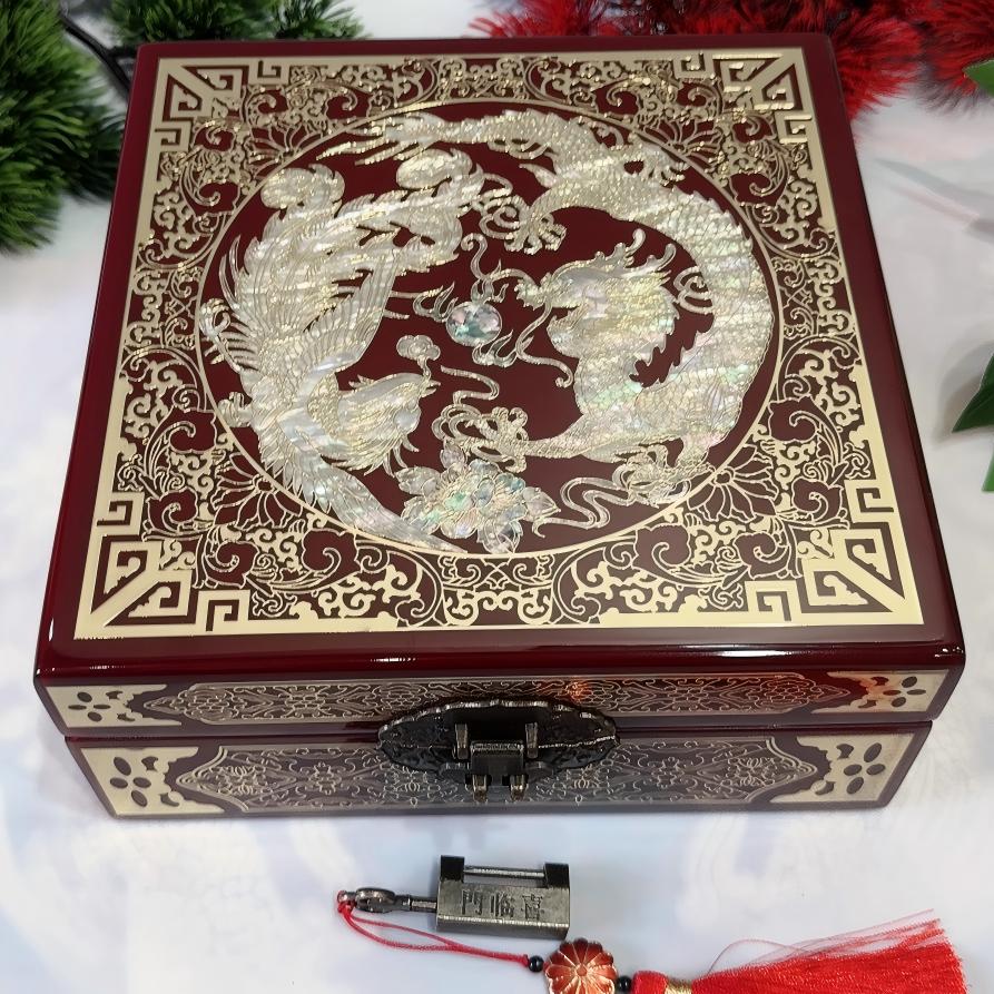 50% off Handmade Chinese Lacquer Jewelry Box, 19 Size, Wine Red Piano Finish, Square Shape with Brass Wire & Shell Inlay