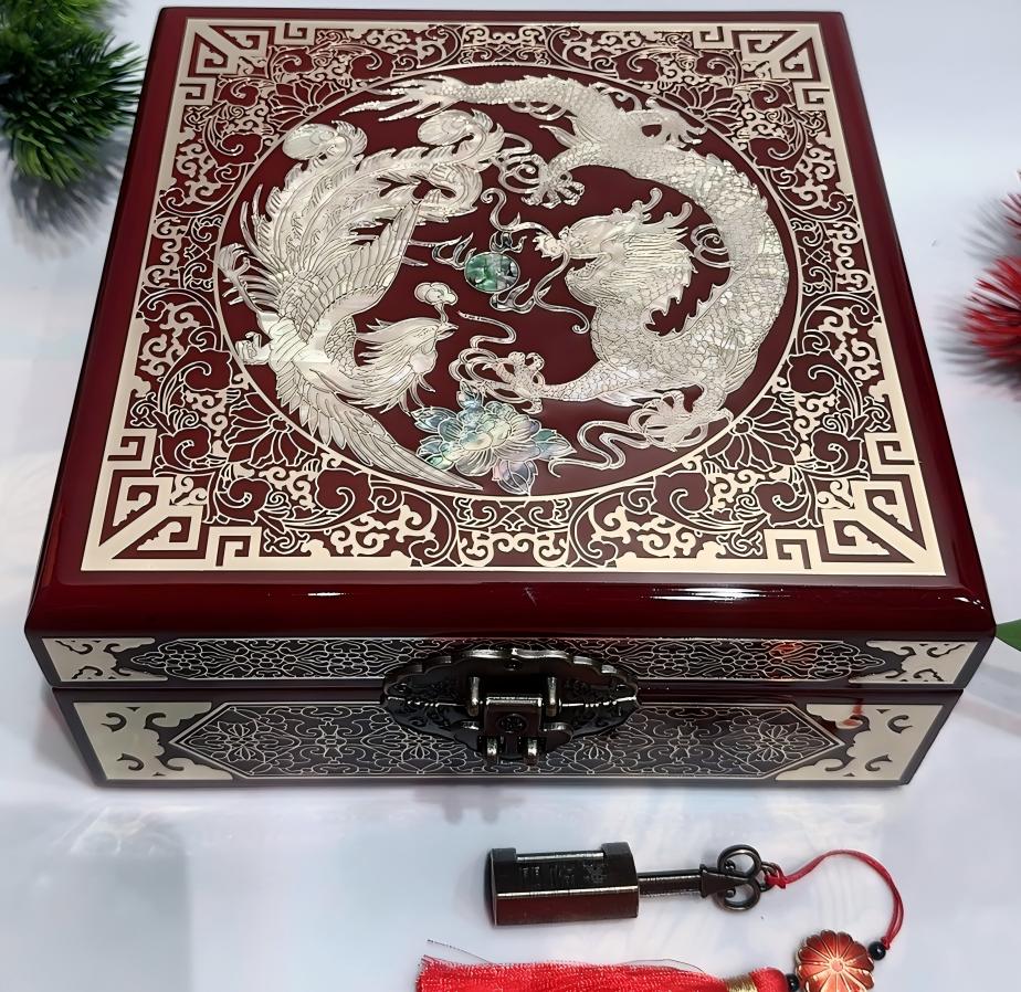 50% off Handmade Pingyao Lacquer Jewelry Box, 19 -Size, Wine Red Finish, Square Shape with Brass Wire & Shell Inlay.