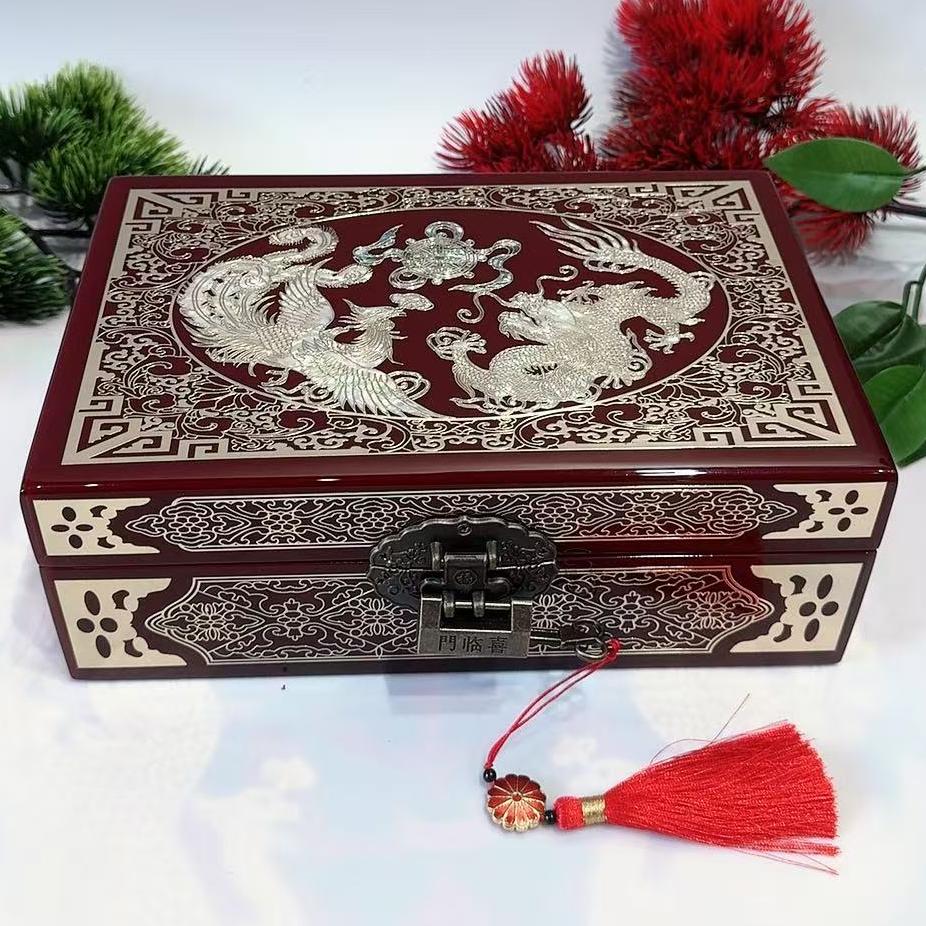 50% off 23-Size Single-Layer Jewelry Box, Pingyao Lacquer with Brass Wire & Mother-of-Pearl Inlay, High-Gloss Piano Finish.