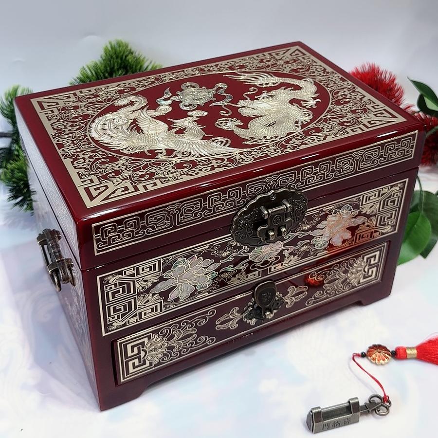 50% off 23-Size Exquisite Pingyao Lacquer Jewelry Box | Inlaid with Mother-of-Pearl & Brass Wire, High-Gloss Piano Finish, Single Drawer.