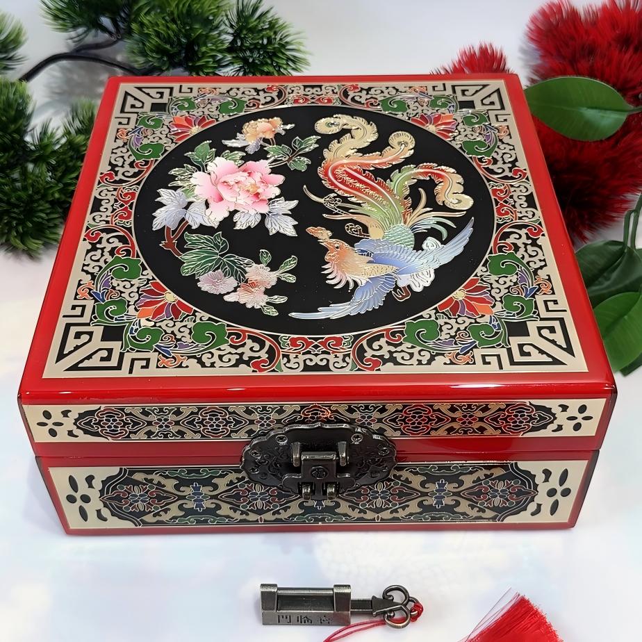 50% off Handmade Pingyao Lacquer Jewelry Box, 19-Size, Colorful Painting on Piano Finish, Square Shape with Brass Wire & Shell Inlay