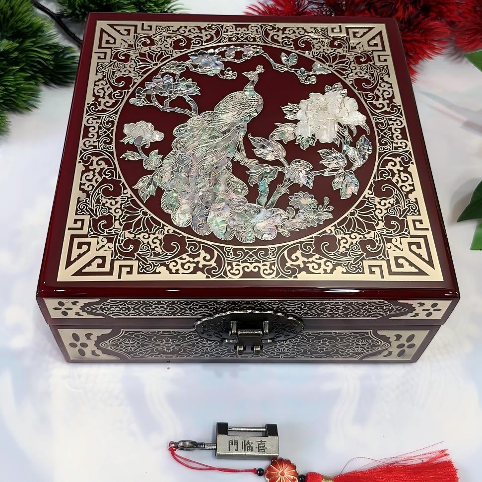 50% off Handmade Chinese Lacquer Jewelry Box, 19 Size, Wine Red Piano Finish, Square Shape with Brass Wire & Shell Inlay