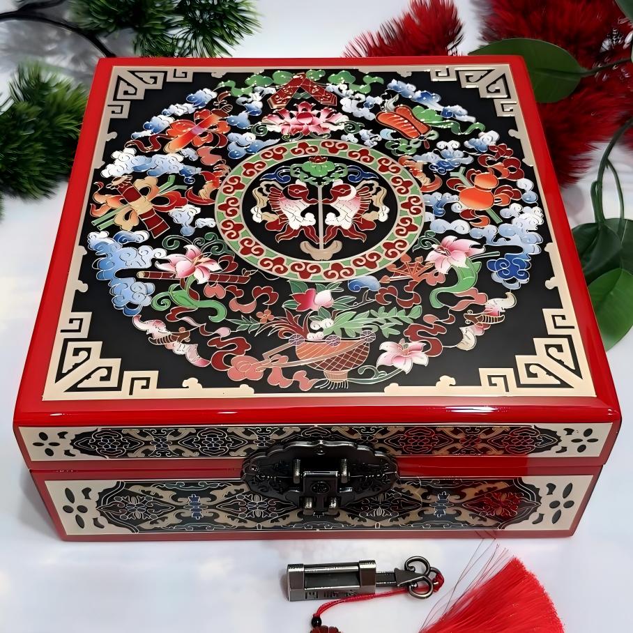 50% off Handmade Pingyao Lacquer Jewelry Box, 19-Size, Colorful Painting on Piano Finish, Square Shape with Brass Wire & Shell Inlay