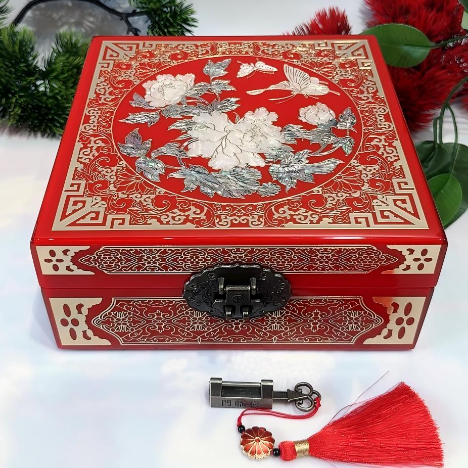 50% off Handmade Chinese Lacquer Jewelry Box, 19-Size, Brilliant Red Piano Finish, Square Shape with Brass Wire & Shell Inlay