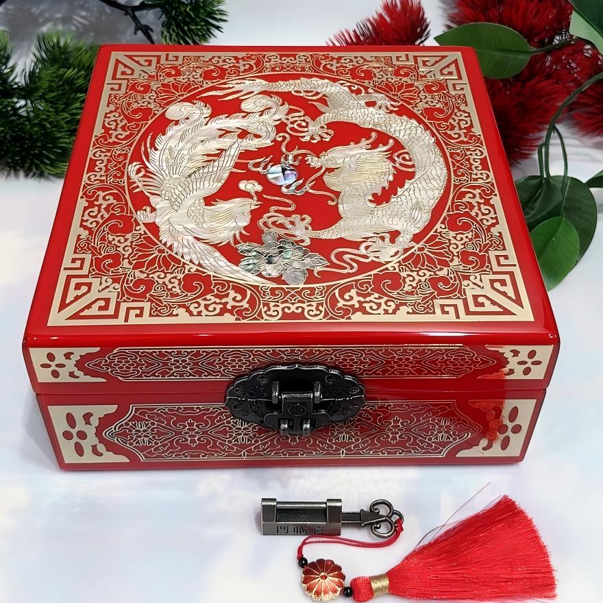 50% off Handmade Chinese Lacquer Jewelry Box, 19-Size, Brilliant Red Piano Finish, Square Shape with Brass Wire & Shell Inlay