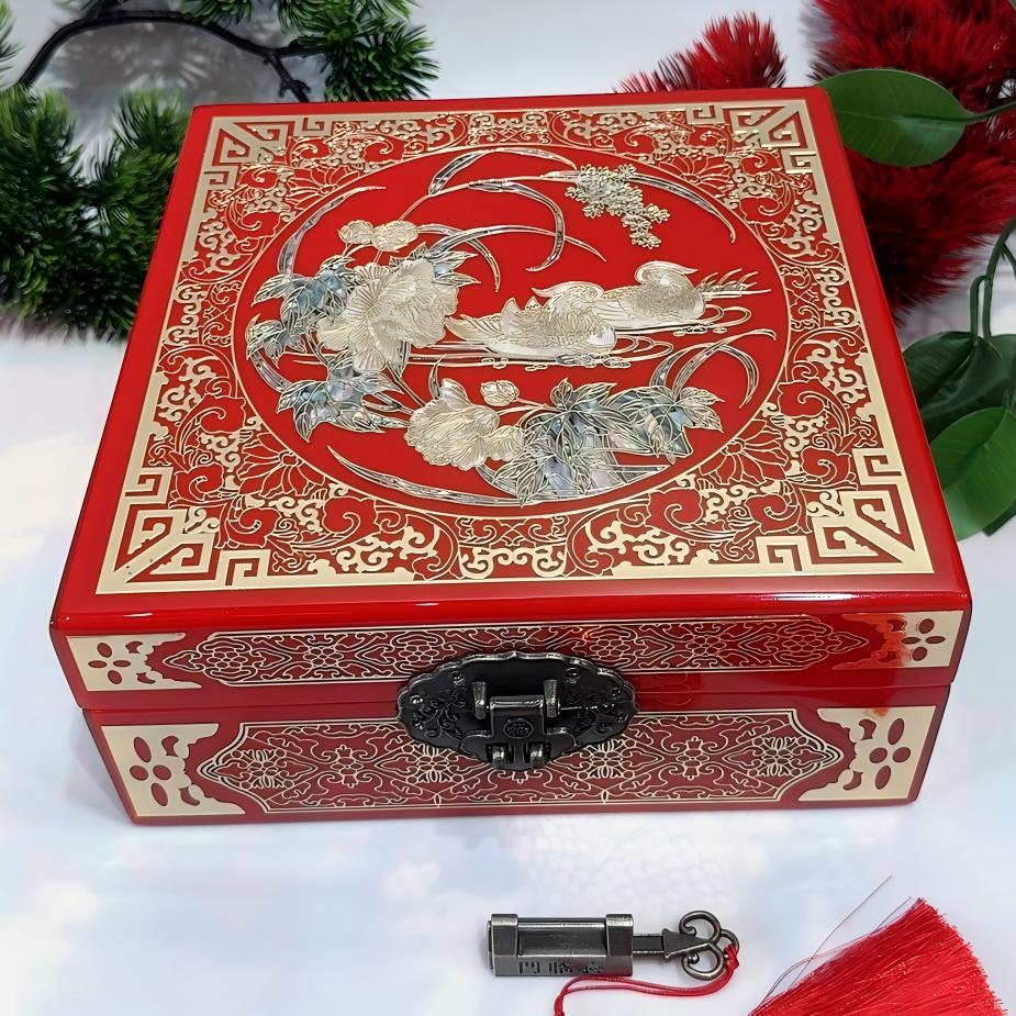 50% off Handmade Chinese Lacquer Jewelry Box, 19-Size, Brilliant Red Piano Finish, Square Shape with Brass Wire & Shell Inlay