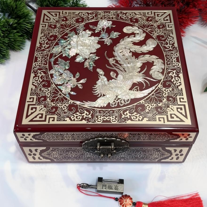 50% off Handmade Chinese Lacquer Jewelry Box, 19 Size, Wine Red Piano Finish, Square Shape with Brass Wire & Shell Inlay