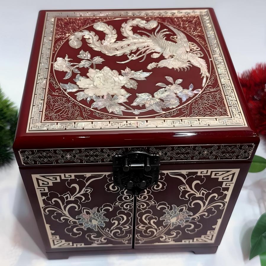 50% off Handmade Pingyao Lacquer Cabinet, 19 -Size, Wine Red Finish, Double Doors with Brass Wire & Shell Inlay.