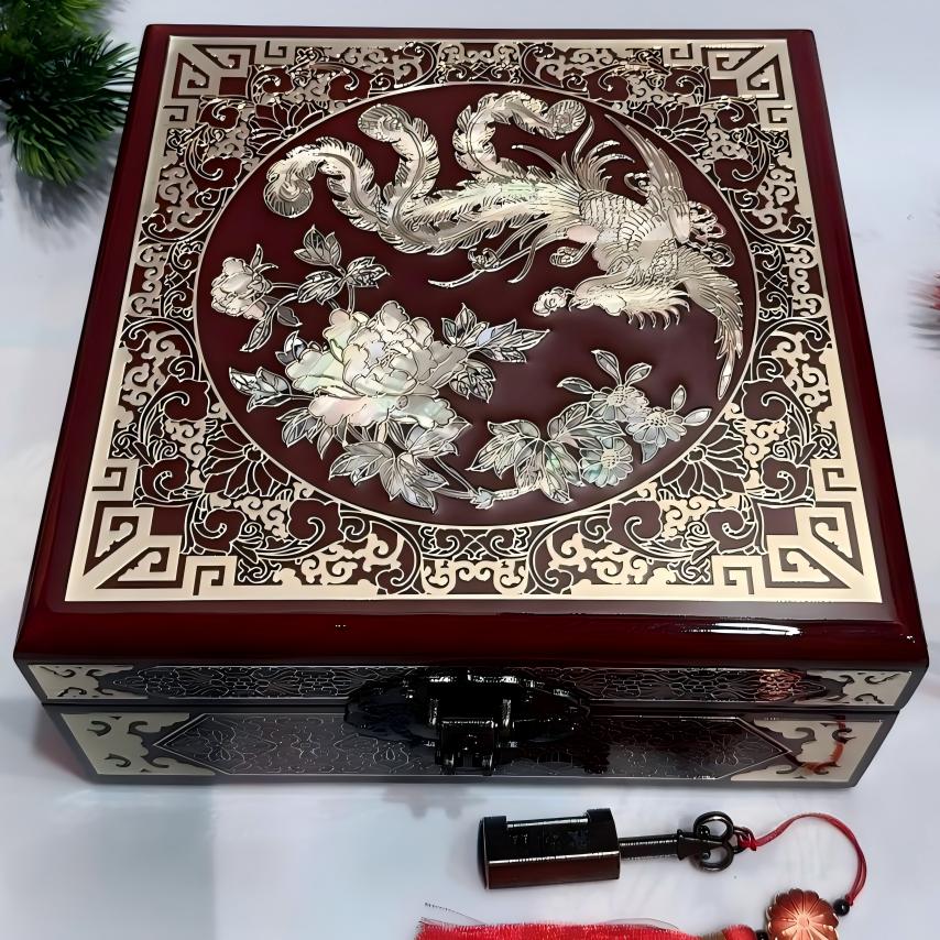 50% off Handmade Pingyao Lacquer Jewelry Box, 19 -Size, Wine Red Finish, Square Shape with Brass Wire & Shell Inlay.