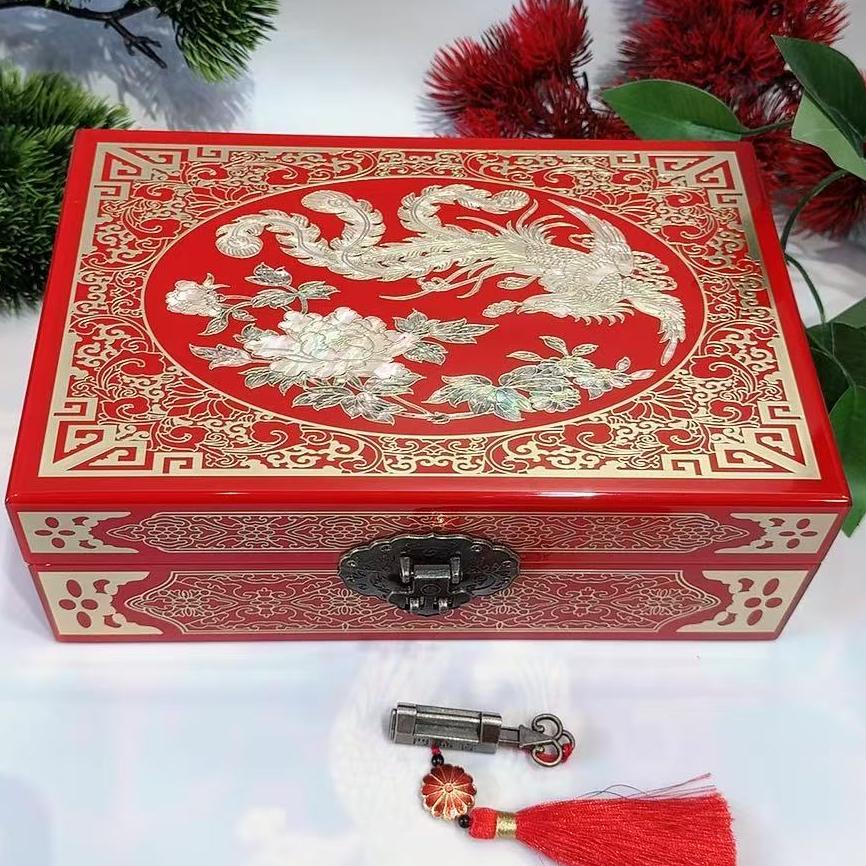 50% off 23-Size Single-Layer Jewelry Box, Pingyao Lacquer with Brass Wire & Mother-of-Pearl Inlay, High-Gloss Piano Finish.