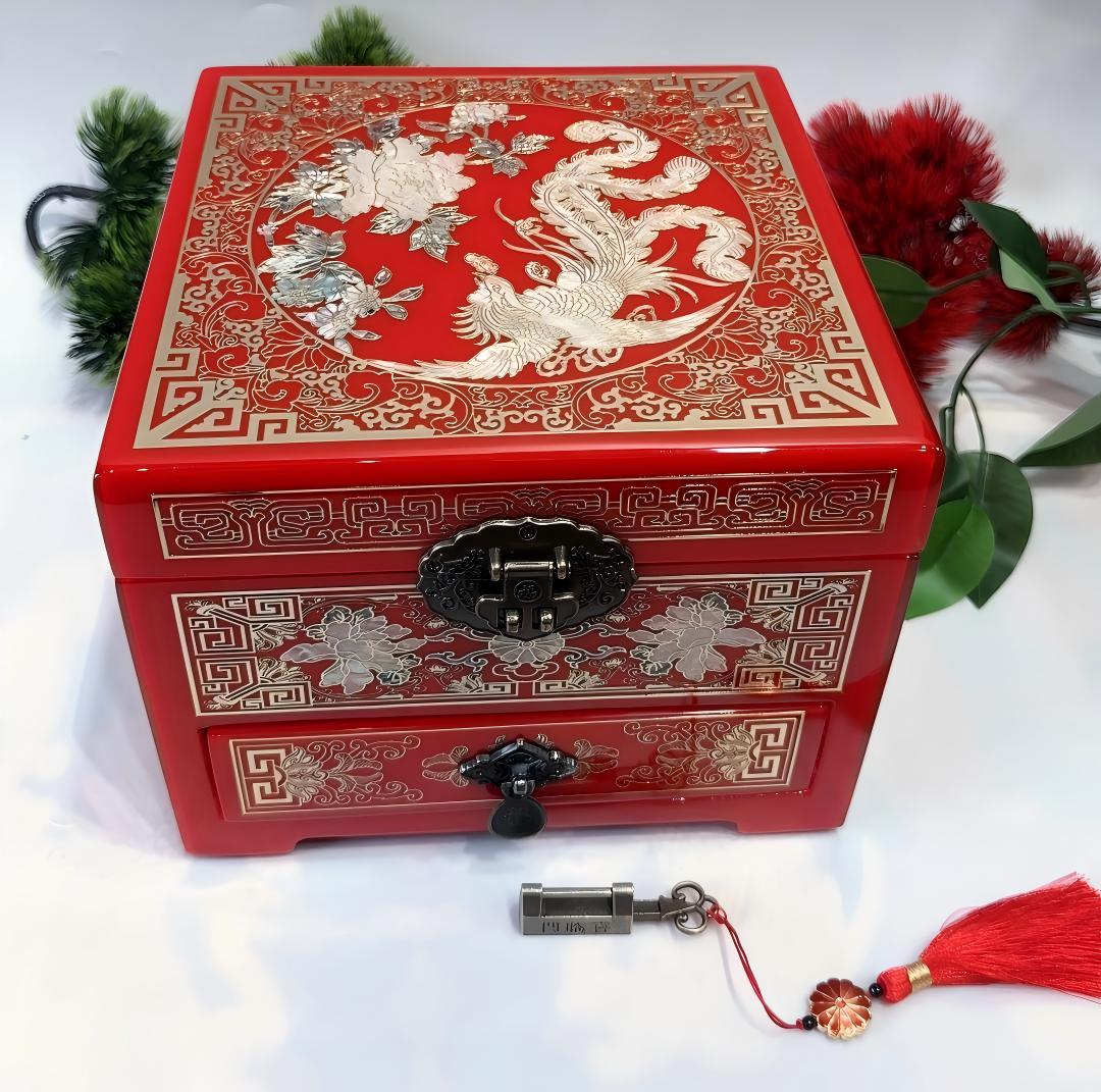 19-Drawer Piano Lacquer Jewelry Chest | Hand-Inlaid Brass Wire & Mother-of-Pearl | An inseparable couple | Pingyao Traditional Craft