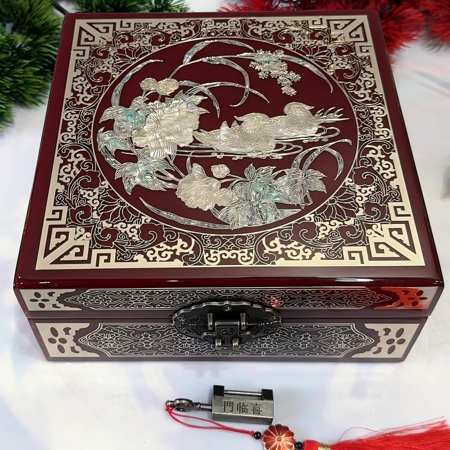 50% off Handmade Chinese Lacquer Jewelry Box, 19 Size, Wine Red Piano Finish, Square Shape with Brass Wire & Shell Inlay