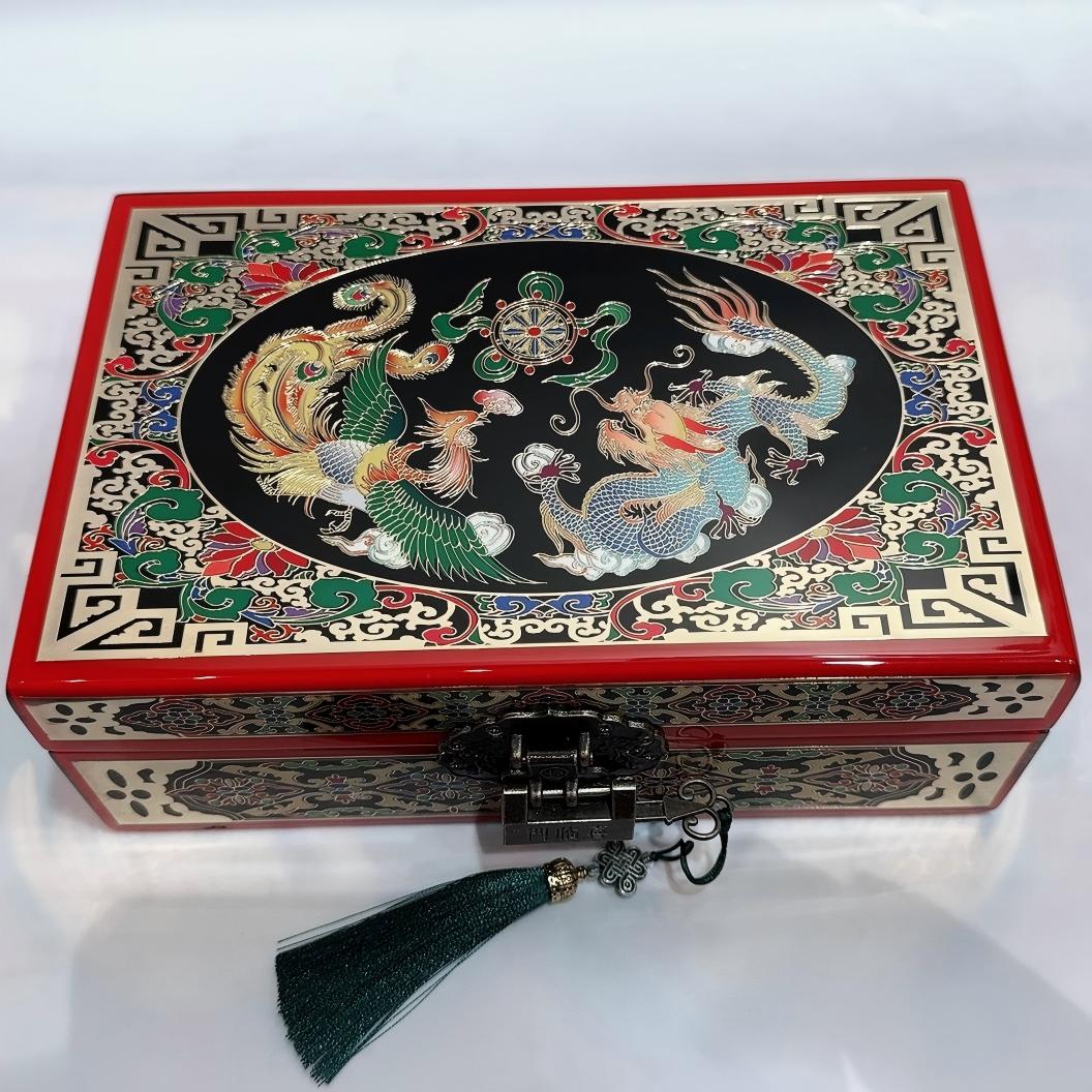 50% off 23-Size Single-Layer Jewelry Box, Pingyao Lacquer with Brass Wire & Mother-of-Pearl Inlay, High-Gloss Piano Finish.